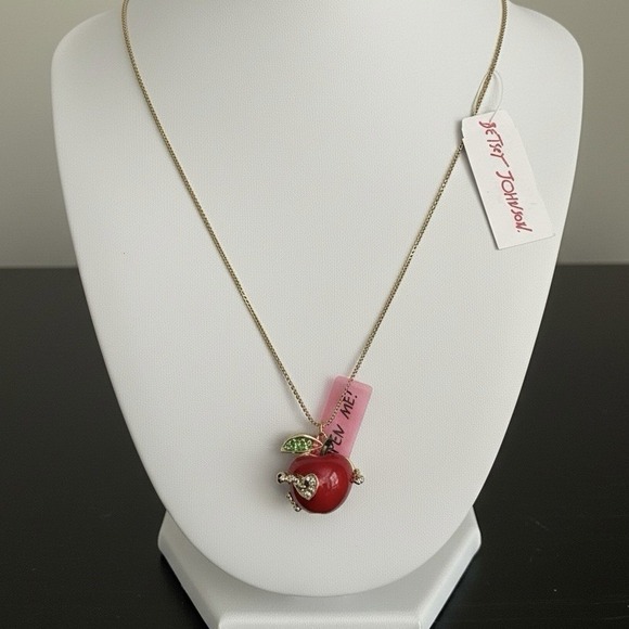 Betsey Johnson Red Apple Locket Necklace Bookworm Slider Charm Authentic New - Picture 8 of 8